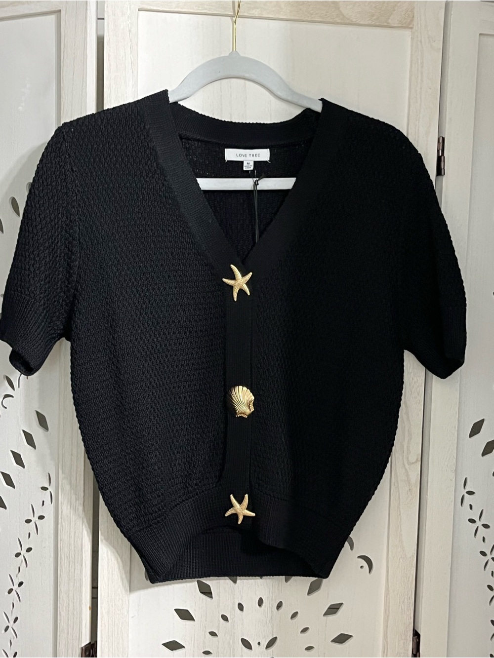 Love Tree Black Short-Sleeve Knit Cardigan with Gold Shell & Starfish Buttons